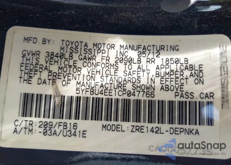 2012 Toyota Corolla Le из США, поврежденный, VIN 5YFBU4EE1CP047766